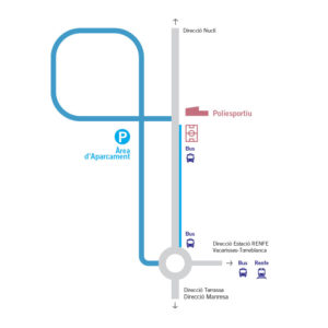 planol2 Plànol d'aparcament de vehicles privats i ruta del bus llançadora.